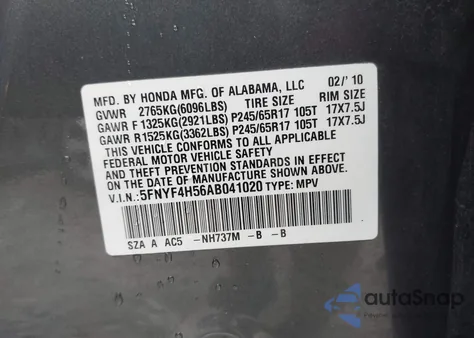 2010 Honda Pilot Ex-L from USA, damaged, VIN 5FNYF4H56AB041020